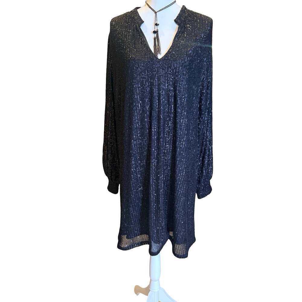 City Chic Mini Dress Womens L 20 Black Fever Tie V Neck Sequined Stretch NEW